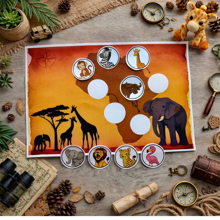 Mappa illustrativa del safari al tramonto, con animali e cerchi per i simboli delle tappe.