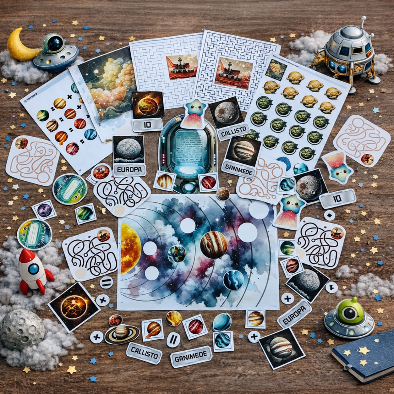 Materiali illustrati della caccia al tesoro nello spazio