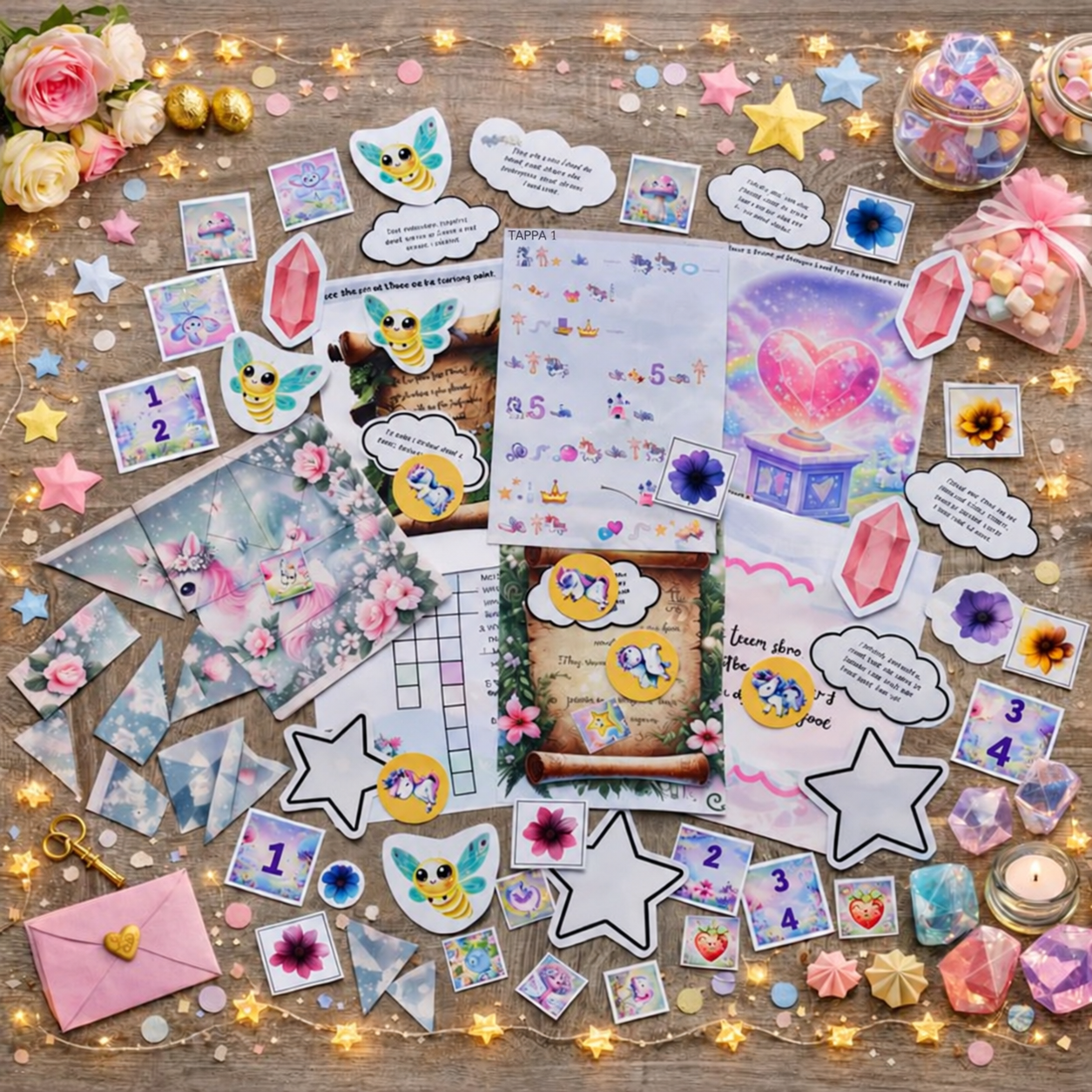 Materiali illustrati della caccia al tesoro degli unicorni