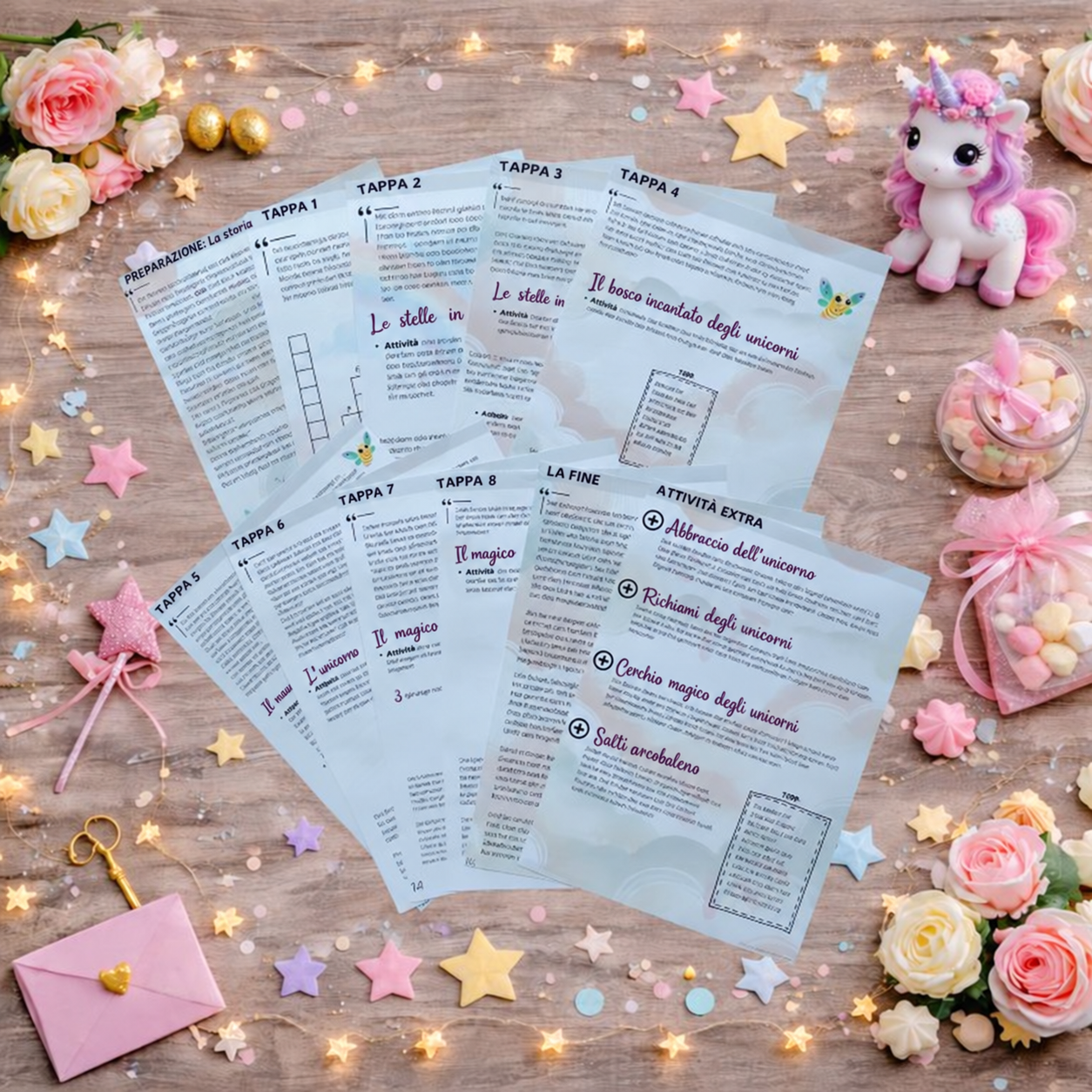 Materiali illustrati della caccia al tesoro degli unicorni