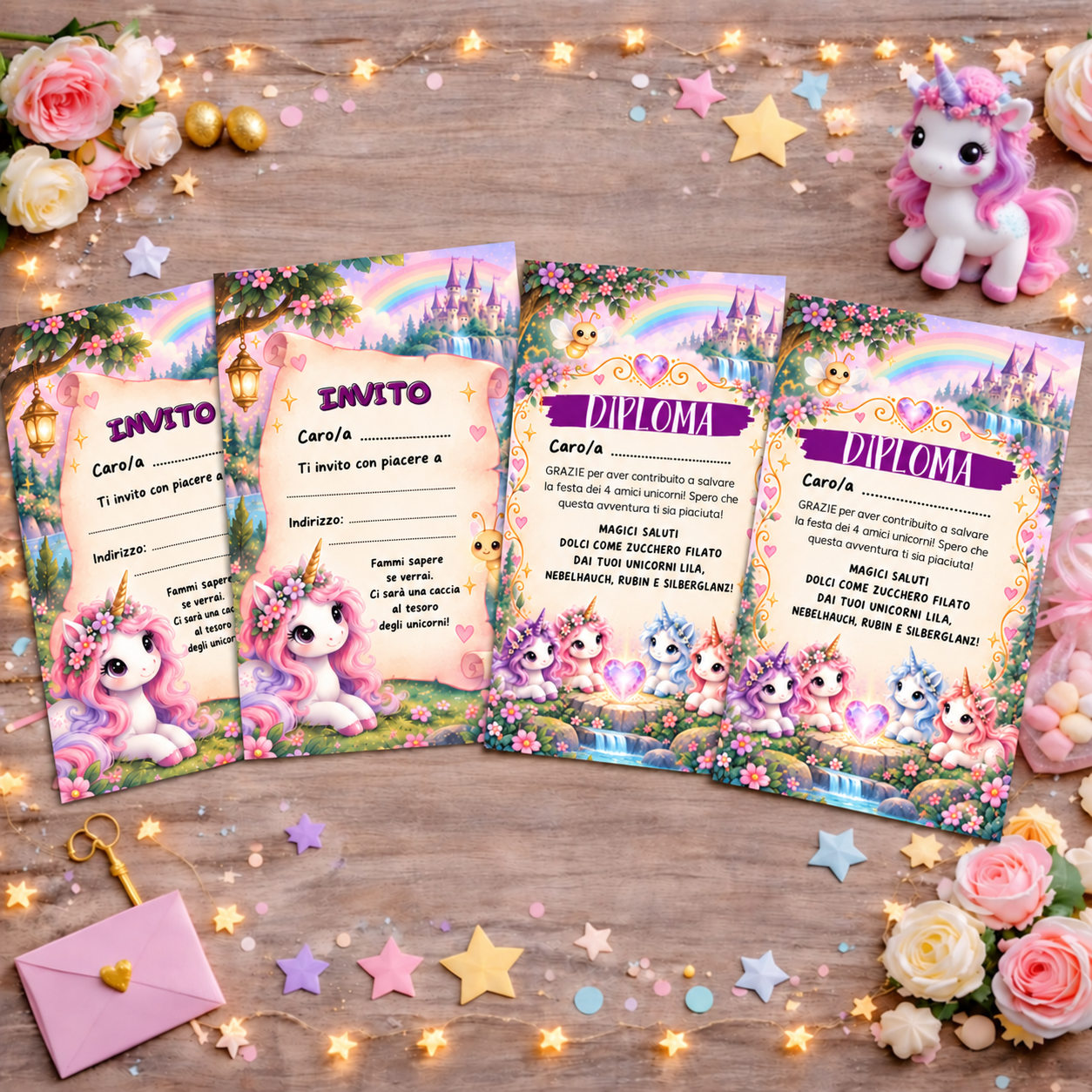 Materiali illustrati della caccia al tesoro degli unicorni